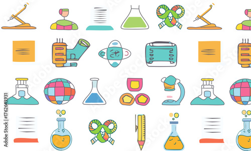 Seamless pattern with colorful science, education, and school icons, Vector kids background for back to school