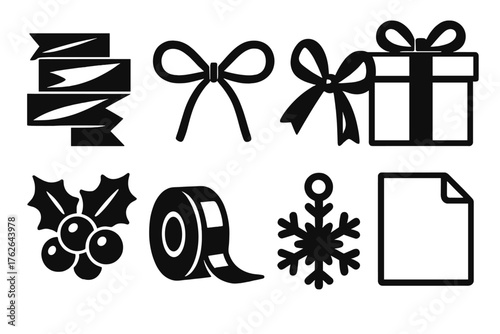 Ribbon Ties silhouette set: layered ribbon, twine bow, shiny loop, gift box, holly berries, ribbon roll, snowflake charm, cozy paper.