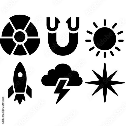 Power silhouette set: nuclear core, magnetic field, glowing orb, wave energy, rocket, thundercloud, glowing star, radiant sun.