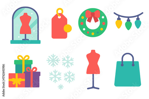 Holiday Merchandising flat icons: window display, sale banner, wreath, Christmas lights, holiday gifts, snowflake pattern, mannequin, shopping bag.