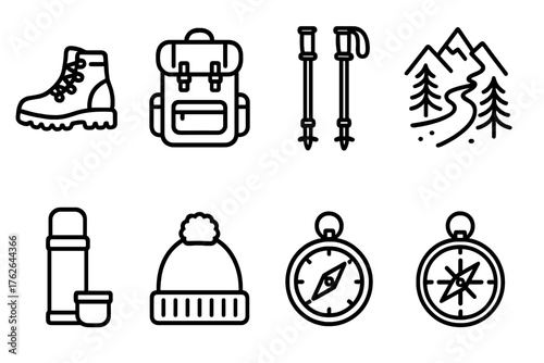 Snowy Excursions — Winter hiking outline icon set: snow boots, backpack, trekking poles, pine forest, mountain trail, thermos, wool hat, compass.
