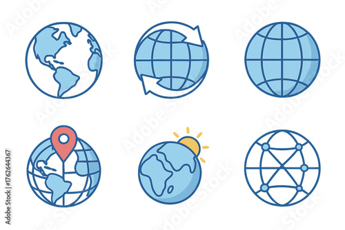 Globe set icons in modern isometric flat vector style: continents outline, globe with arrows, digital grid sphere, globe with pin, sun behind earth, network globe.