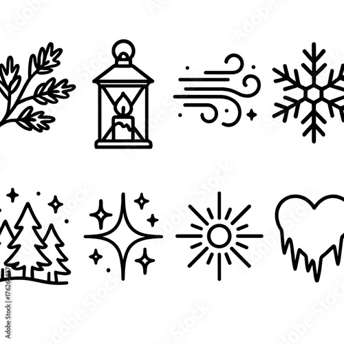 Christmas Magic — Winter enchantment outline icon set: frosted branch, glowing lantern, whispering wind, silver snowflake, enchanted forest, icy sparkle, light burst, frozen heart.