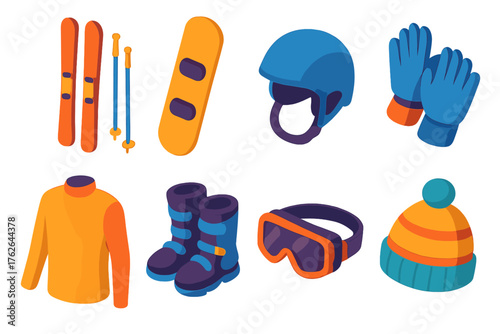 Ski Gear Ready flat isometric set: ski set, snowboard, helmet, gloves, thermal base, snow boots, goggles, wool beanie.