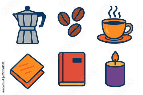 Coffee Rituals flat icons: moka pot, beans, steaming cup, napkin, journal, candle.