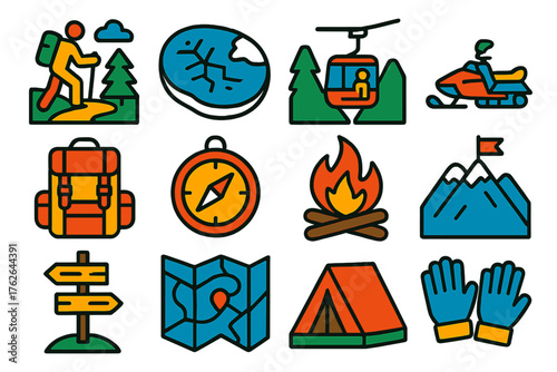 Active Winter Days Adventure — Vibrant Flat Vector silhouette set: hiking trail, frozen lake, ski lift, snowmobile, backpack, compass, campfire, mountain summit, trail marker, map,