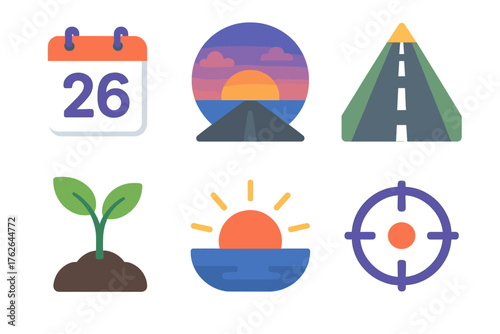 2026 Fresh Start flat isometric set: calendar page, dawn sky, road ahead, seedling, rising sun, focus target.
