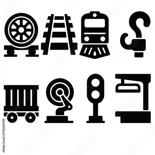 Rail Axle silhouette set: train wheel, rail track, locomotive, coupling hook, freight wagon, brake system, signal light, station platform.