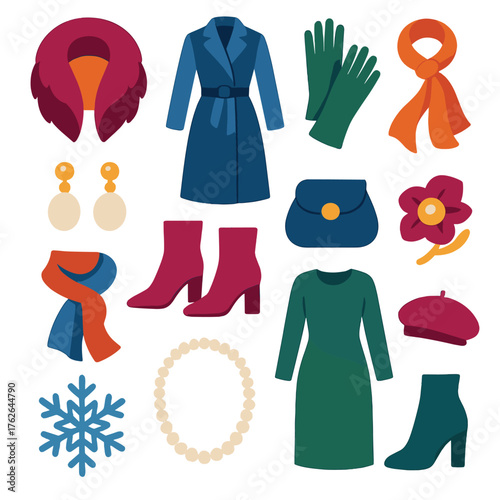 Winter Elegance flat icons: fur shawl, elegant coat, gloves, satin scarf, pearl earrings, heeled boots, clutch, brooch, beret, snowflake, necklace, wool dress.