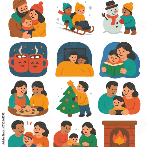Winter Family Moments — Warm Flat Icons flat icons: family hug, kids sledding, snowman building, movie night, cocoa mugs, cozy blanket, reading story, baking cookies, decorating