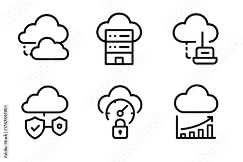 Enterprise Cloud Architecture outline icon set: hybrid cloud network, private data center icon, public cloud integration, edge computing node, VPN connection shield, scalability