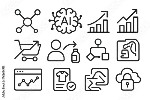 AI Cross-Selling outline icon set: neural network, AI brain, data chart, shopping cart, predictive arrow, customer insight, product match, algorithm path, analytics dashboard,