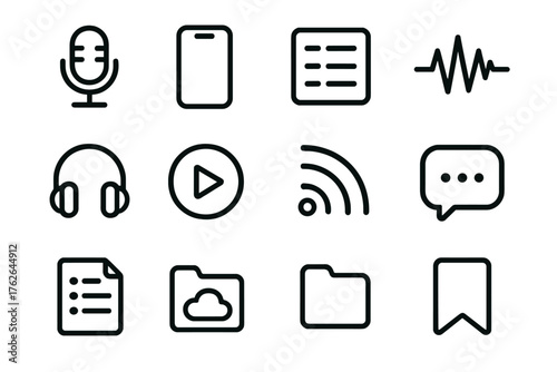Podcast Apps outline icon set: microphone, smartphone, playlist, waveform, headphones, play icon, RSS symbol, chat bubble, folder, episode list, cloud, bookmark.