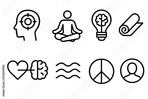 Mental Fitness outline icon set: mind focus icon, meditating pose, idea bulb, yoga mat, heart brain link, relaxation wave, peace symbol, mindfulness circle.