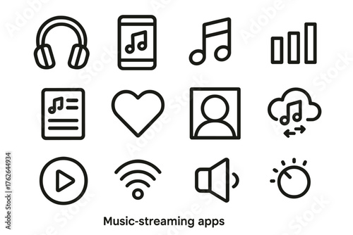 Music Streaming Apps outline icon set: headphones, smartphone, music note, equalizer, playlist, heart icon, album cover, cloud sync, play button, Wi-Fi signal, speaker, volume knob