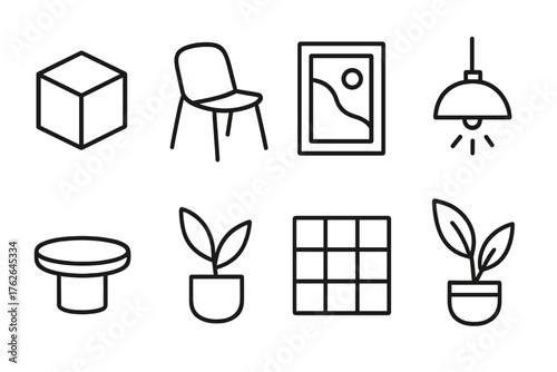 Contemporary Design outline icon set: geometric shape, minimalist chair, abstract art frame, pendant lamp, coffee table, neutral palette, plant pot, grid layout.