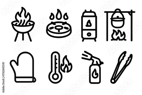 Heat & Flame outline icon set: open flame grill, stovetop burner, campfire pot, charcoal smoker, oven mitt, thermometer, flame torch, tongs.