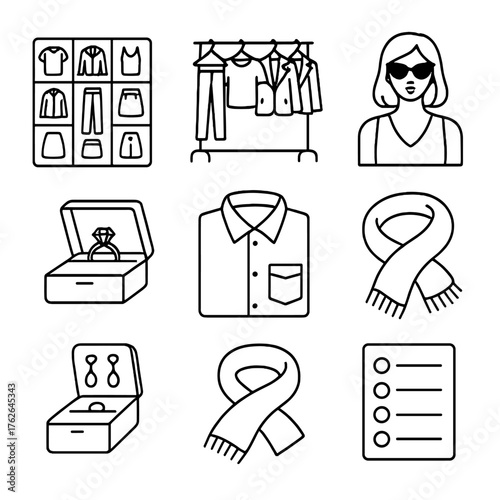 Style Coordination outline icon set: mix-and-match chart, wardrobe rack, planner page, fashion icon, jewelry box, folded shirt, scarf, to-do list.
