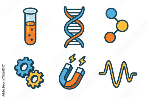 Scientific links set icons in modern isometric flat vector style: test tube, DNA strand, molecule, gears, magnet, waveform.