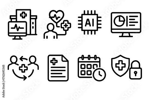 Integrated Care Systems outline icon set: hospital interface, treatment coordination, AI health chip, report dashboard, data sharing icon, medical file, appointment schedule,