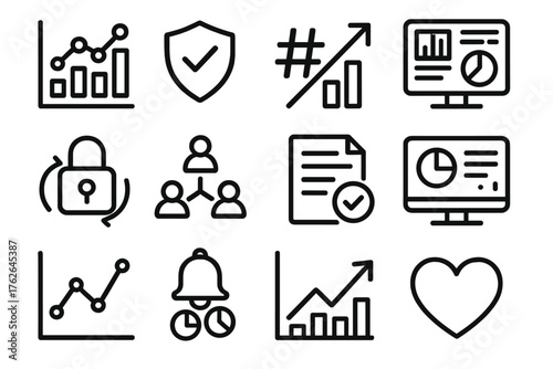 Professional Social Trends outline icon set: structured analytics chart, verified trend badge, enterprise hashtag, KPI arrow, data-driven dashboard, secure share icon, corporate