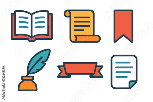 Classic table of contents flat icons: open book, scroll, bookmark, feather quill, ribbon, page.