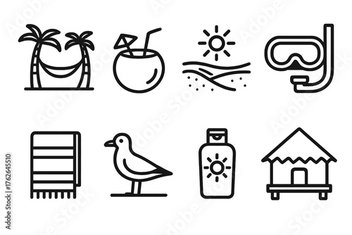 Tropical Escapes outline icon set: hammock, coconut drink, sandy shoreline, snorkeling mask, beach towel, seagull icon, sun lotion, island hut.