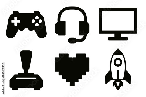 Video game room silhouette set: console controller, headset, screen, joystick, pixel heart, rocket.