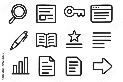 Search Readability set of icons in doodle hand-drawn vector style: magnifier, text block, keyword icon, meta description, pen symbol, open book, ranking star, browser tab,