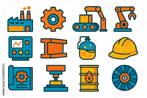 Industrial processing flat icons: factory, gear, conveyor belt, robotic arm, control panel, steel beam, chemical vat, hard hat, blueprint, machine press, oil barrel, turbine.