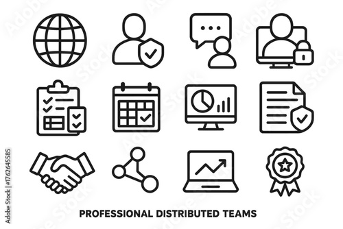 Professional Distributed Teams outline icon set: enterprise globe, verified team avatar, corporate chat icon, secure video platform, structured task tracker, KPI calendar,