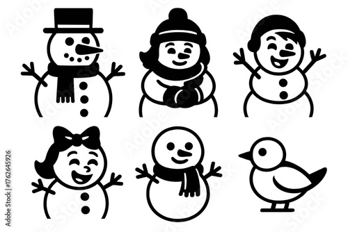 Frost Family Portrait silhouette set: big snowman, cozy snowwoman, playful snowboy, giggling snowgirl, snowbaby, pet snowbird.