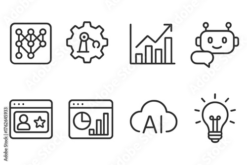 AI Solutions outline icon set: neural network icon, smart automation gear, predictive analytics chart, chatbot interface, recommendation system, data insight dashboard, AI cloud