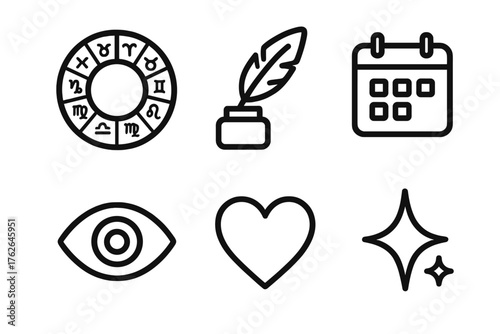 Horoscope Icons outline icon set: zodiac chart, quill pen, calendar, eye, heart, sparkle.
