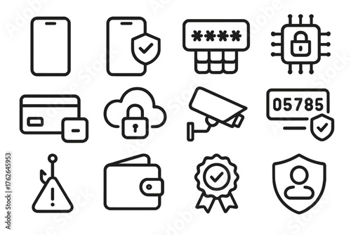 Digital Fintech Security outline icon set: smartphone, two-factor icon, password keypad, encryption chip, secure payment, cloud lock, security camera, authentication code, phishing