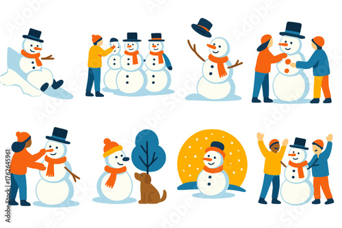 Snowman Activities flat icons: snowy hill fun, snowman contest, hat tossing, button placing, mittens on snowman, pet dog watching, sunset snowfall, joyful builders.