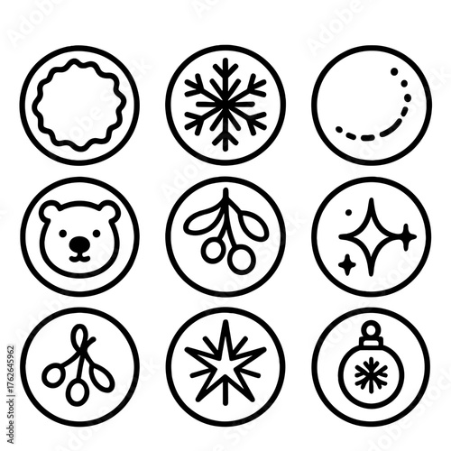 Seasonal Buttons outline icon set: frost-edged button, glowing snowflake button, snow trail button, festive sparkle button, polar bear button, mistletoe button, crystal star button