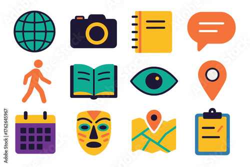 Ethnographic Methods flat icons: globe icon, camera, notebook, conversation bubble, walking figure, journal, observation eye, location pin, calendar, cultural mask, map, clipboard.