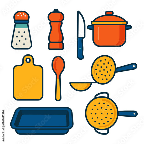 Cooking flat icons: salt shaker, pepper mill, cutting knife, saucepan, chopping board, wooden spoon, baking tray, strainer.