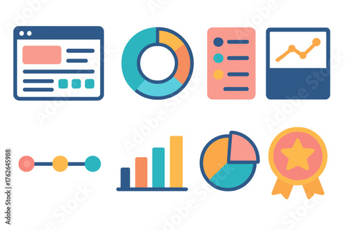 Project Overview flat icons: dashboard screen, data visualization, completion circle, task column, performance card, activity timeline, summary chart, goal badge.