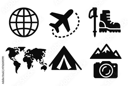 Global Exploration silhouette set: travel globe, flight path, compass, hiking gear, world map, tent, mountain icon, camera lens.