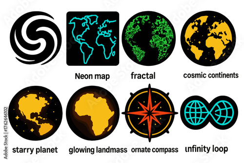 Creative continent silhouette set: abstract globe swirl, neon map, fractal Earth, cosmic continents, starry planet, glowing landmass, ornate compass, infinity loop globe.