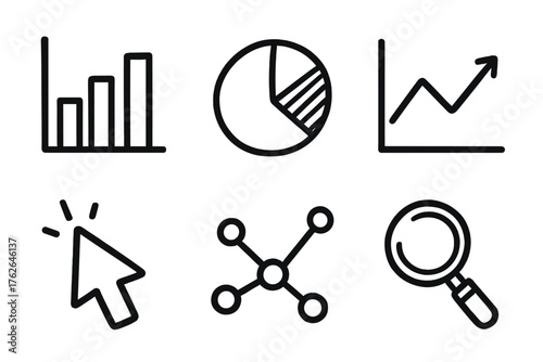 Interactive Graphs set of icons in doodle hand-drawn vector style: bar chart, pie chart, line graph, cursor, data points, magnifying glass.