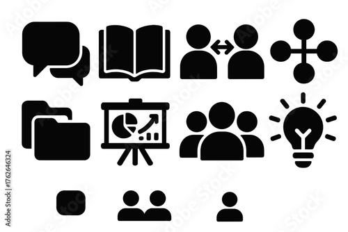 Knowledge Sharing silhouette set: communication bubbles, open book icon, idea exchange, network web, shared files, infographic board, teamwork icons, insight lightbulb.