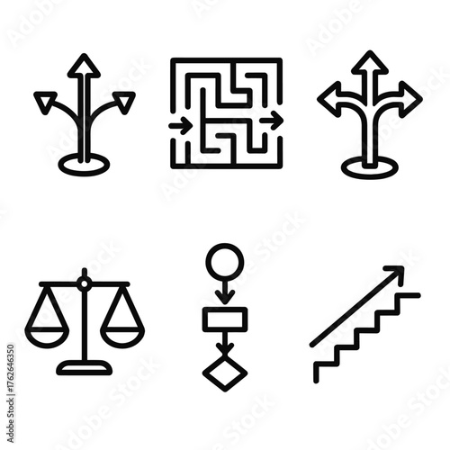 Decision routes outline icon set: branching tree, maze, crossroads, scale, flowchart, steps.
