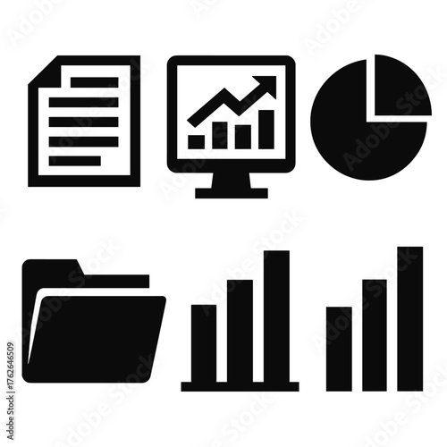 Business Reports silhouette set: document stack, monitor, chart arrow, pie slice, folder, bar set.