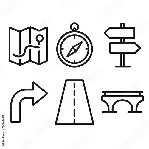 Navigation paths outline icon set: map, compass, signpost, arrow, road, bridge.