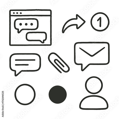 Virtual Conversations set of icons in doodle hand-drawn vector style: open chat window, notification badge, reply arrow, direct message icon, chat history, file attachment, status