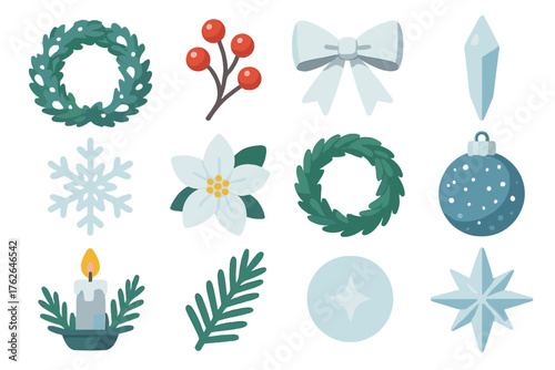 Winter Wreath Traditions flat icons: snowy pine wreath, frosted berries, silver ribbon, icy crystal, snowflake charm, white flower, evergreen loop, sparkling ornament, candle
