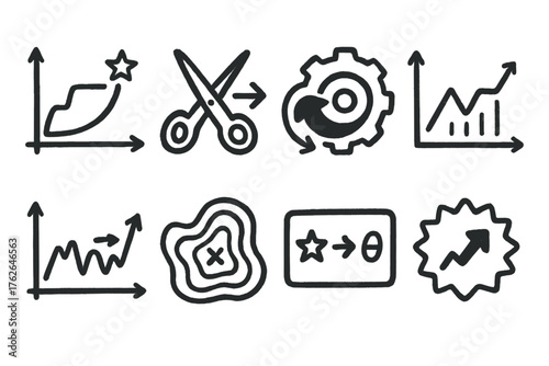 Algorithmic Optimization set of icons in doodle hand-drawn vector style: reinforcement reward graph, gradient clipping symbol, adaptive optimizer icon, stochastic update arrows,